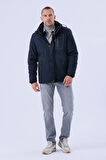 Erkek Kapüşonlu Su Ve Rüzgar Geçirmez Kapitone İçi Kürklü Elyaf Dolgulu Şişme Lacivert Softshell Mont