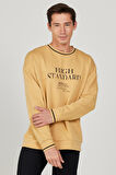 Erkek Hardal Oversize Bol Kesim Içi Polarlı 3 Iplik Bisiklet Yaka Pamuklu Sweatshirt