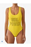 Sarı DAR KALIP Girl Power Baskılı Mayo