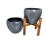 Ev Dekorasyon Gri Granit Toprak Saksı Saksılık Salon Çiçeklik İkili Set Ayaksız - 4 Ayaklı- 15 CM