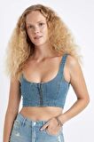 DeFacto Kalın Askılı Fermuarlı Crop Korse Jean Bluz C3335AX24HSNM39