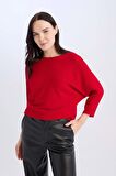 DeFacto Kırmızı Kayık Yaka Yarasa Kol Basic Düz Triko Kazak D7670AX24AURD1