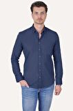 İndigo Yaka Düğmeli Keten Slimfit Gömlek