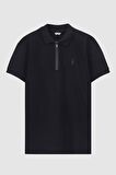 Twn Slim Fit Siyah Pike Dokulu Yarım Fermuarlı Polo Yaka T-Shirt 4EC14ORTFRPLO