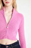 DeFacto Coool Crop Basic Düz Fermuarlı Dik Yaka Triko Hırka C6298AX24WNPN206