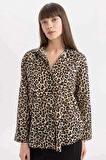 DeFacto Oversize Geniş Kalıp Uzun Kollu Leopar Desenli Vual Gömlek D2564AX24SMBG234