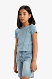 Kız Çocuk Slim Fit Dar Kesim Bisiklet Yaka Basic Düz Ribana Kısa Kollu Tişört