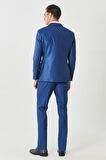 Erkek Mavi Eksta Slim Fit Dar Kesim Mono Yaka Kareli Mavi Takım Elbise
