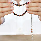 925 Ayar Gümüş Ay Yıldız Püsküllü Küre Kesim Sarı-Siyah Ateş Kehribar Tesbih