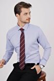 Gömlek Kravat Seti (Bordo Çizgili Kravat & Mavi Baklava Armür Desenli Slimfit Gömlek)