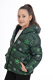 Kız Çocuk Kar Tanesi Desen Polar Su ve Rüzgar Geçirmez Kapüşonlu Cepli Şişme Kışlık Mont