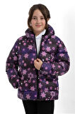 Kız Çocuk Kar Tanesi Desen Polar Su ve Rüzgar Geçirmez Kapüşonlu Cepli Şişme Kışlık Mont