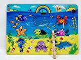 Ahşap Malzeme Eğitici Öğretici 9 Parça Puzzle Mıknatıslı Oltalı Balık Tutma Oyunu
