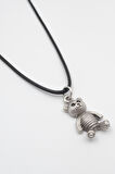 Oyuncak Ayıcık Siyah Deri İp Kolye - Antik Gümüş Kaplama - Kadın Erkek - 60 cm