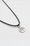 Yuvarlak Hayat Ağacı Siyah Deri İp Kolye - Antik Gümüş Kaplama - Kadın Erkek - 60 cm