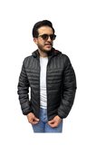 Erkek Kapitone Çizgili Desenli Kapüşonlu Slim Fit Şişme Casual Mont