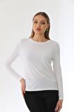 Kadın Bisiklet Yaka Viskon Likra Uzun Kollu Tişört-Beyaz