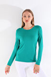 Kadın Bisiklet Yaka Viskon Likra Uzun Kollu Tişört-Okyanus Yeşili