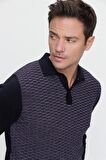  Mor Polo Düğmeli Yaka Dynamic Fit Rahat Kesim Örgü Desen Triko Kazak