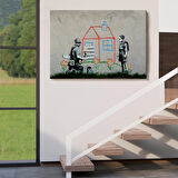 Bansky Çocuğun Çizdiği Evin Kapısını Kapatan Adam Kanvas Tablo-5019