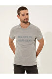 Gri Melanj Slim Fit Baskılı Bisiklet Yaka Tişört 50249350-vr091
