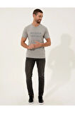 Gri Melanj Slim Fit Baskılı Bisiklet Yaka Tişört 50249350-vr091