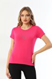 Kadın Bisiklet Yaka Taş Detaylı Kısa Kollu Tişört-Fuşya