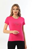 Kadın Bisiklet Yaka Taş Detaylı Kısa Kollu Tişört-Fuşya