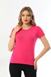 Kadın Bisiklet Yaka Taş Detaylı Kısa Kollu Tişört-Fuşya