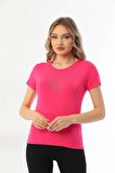Kadın Bisiklet Yaka Taş Detaylı Kısa Kollu Tişört-Fuşya