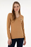 Kadın Camel Melanj V Yaka Basic Kazak 50293542-VR122