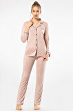 Düz Uzun Kollu Gömlek Yaka Pijama Takım 3365/Pudra 3365/Pudra