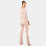 Düz Uzun Kollu Gömlek Yaka Pijama Takım 3365/Pudra 3365/Pudra