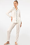 Düz Uzun Kollu Gömlek Yaka Pijama Takım 3365/Ekru 3365/Ekru