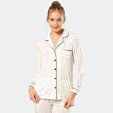 Düz Uzun Kollu Gömlek Yaka Pijama Takım 3365/Ekru 3365/Ekru