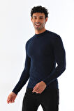Erkek Dik Yaka Slim Fit Pamuk Likra Tişört-Lacivert