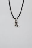 Minimalist Ay Siyah Deri İp Kolye - Antik Gümüş Kaplama - Kadın Erkek - 60 cm