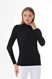 Kadın Modal Dik Yaka Slim Fit Tişört-Siyah