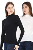 Kadın Modal Dik Yaka Slim Fit Tişört 2'li Paket-Siyah-Beyaz