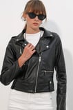 1025 Suni Deri Biker Ceket - Siyah