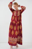 2423 Otantik Desenli Tesettür Elbise - E. Bordo