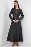 Kadın Kuşaklı Uzun Denim Elbise 2595 - Lacivert