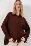 Kadın Uzun Oversize Gömlek 20334 - Kahverengi