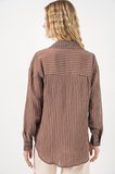 Kadın Tek Cepli Çizgili Oversize Gömlek 20375 - Kahverengi