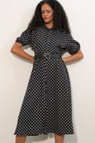 Kadın Kısa Kol Kemerli Puantiyeli Elbise 2608 - Siyah