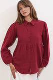 Kadın Dokulu Oversize Keten Gömlek 20381 - Bordo
