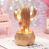 Led Işıklı Sevimli Kaktüs Dekoratif Masa Lambası Mini Biblo Gece Lambası-GOLD (5042)