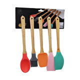 5 PARÇA AHŞAP SAPLI BÜYÜK RENKLİ SİLİKON MUTFAK SET FIRÇA - KAŞIK - SERVİS K. - SPATULA - KARIŞTIRICI (5042)