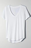 Kadın Beyaz V Yaka Oversize Classic Bluz Yuvarlak Detay Kısa Kol Tişört 5045_301