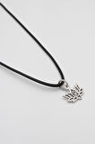 Minimal Om Sembollü Lotus Çiçeği Siyah Deri İp Kolye - Antik Gümüş Kaplama - Kadın Erkek - 60 cm